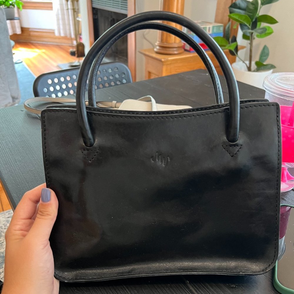 Black Genuine Hand-Stained Leather Handbag Purse MONSAC